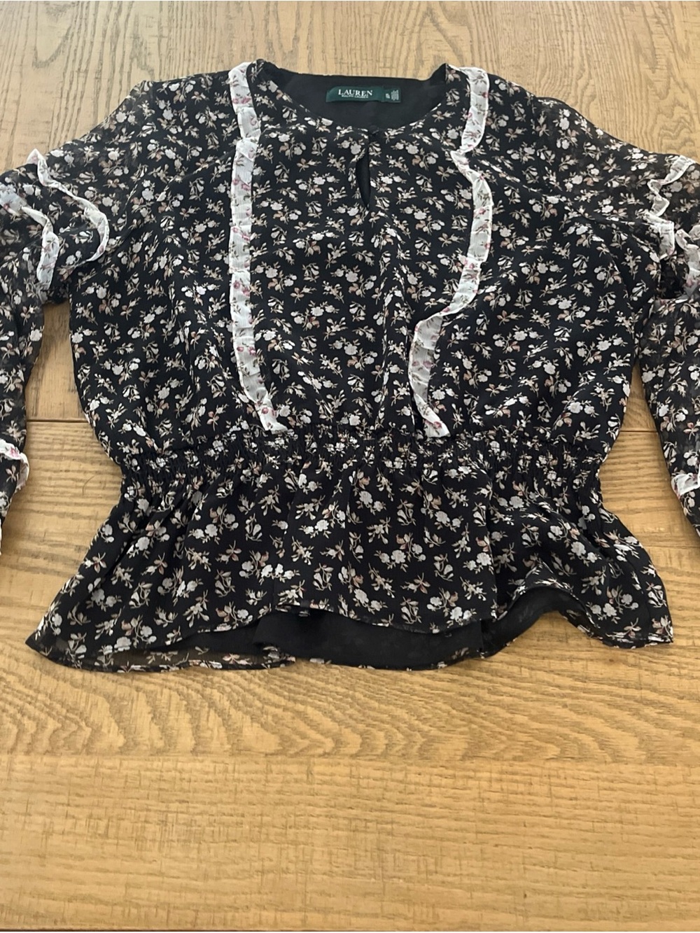 Lauren Ralph Lauren Black Floral Ruffled Blouse Sz Large L Bohemian